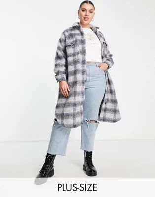 New Look Curve brushed midi shacket in blue check | ASOS (Global)