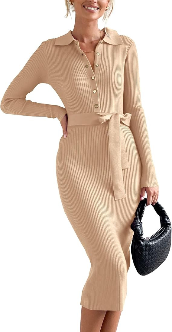 BTFBM 2023 Women V Neck Long Sleeve Bodycon Sweater Dress Button Up Tie Waist Ribbed Knit Midi Pe... | Amazon (US)