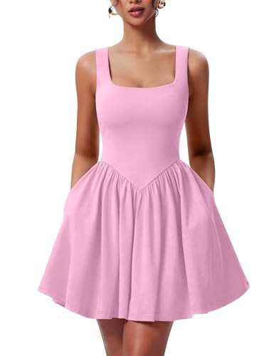 YMDUCH Women's Summer Sleeveless Square Neck A-line Ruffle Hem Mini Tank Dress with Pockets Pink | Amazon (US)