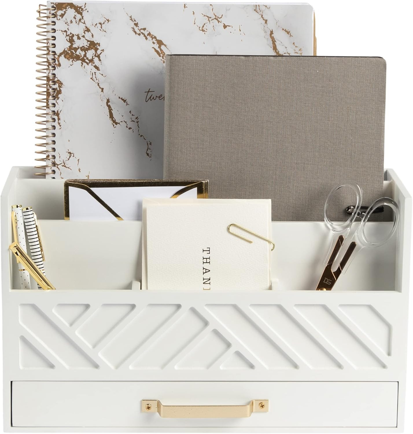 White Wooden Desk Organizer with Drawer and Gold Handle - Desk Organizers and Accessories for Off... | Amazon (US)