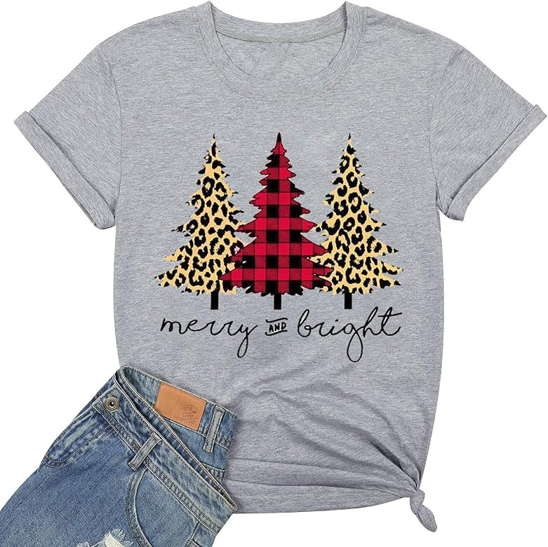 NANYUAYA Merry Christmas Letter Print Shirts for Women Funny Leopard Plaid Christmas Tree Graphic... | Amazon (US)