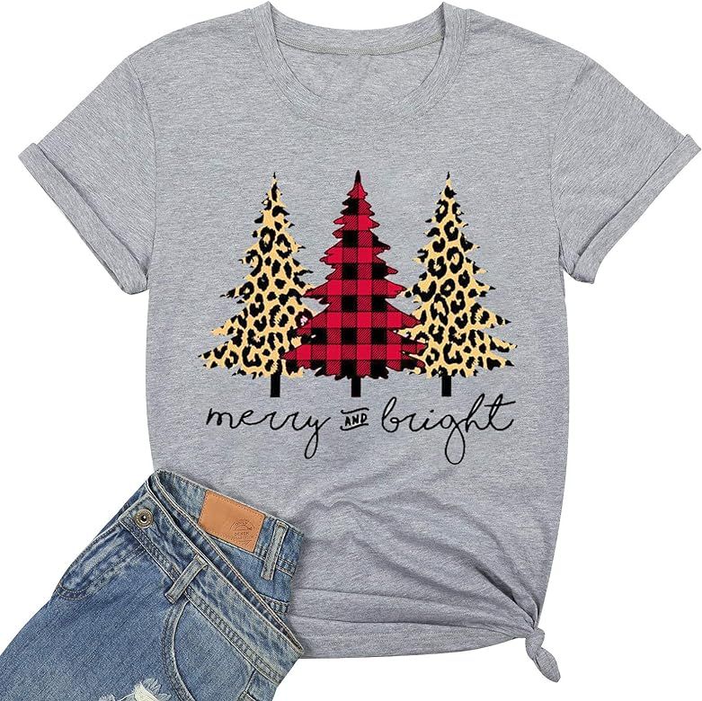 NANYUAYA Merry Christmas Letter Print Shirts for Women Funny Leopard Plaid Christmas Tree Graphic... | Amazon (US)