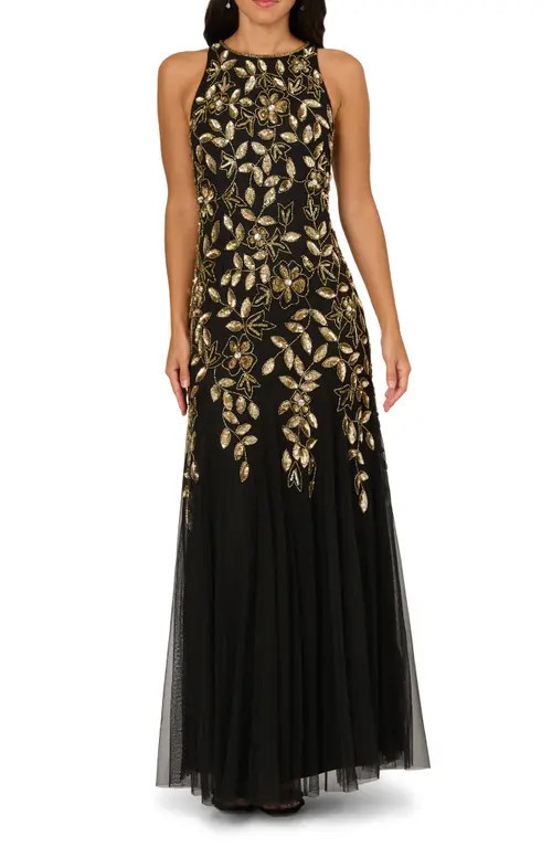 Adrianna Papell Embellished Mesh Gown in Black/Gold at Nordstrom, Size 6 | Nordstrom