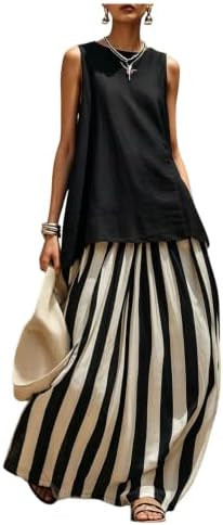 OYOANGLE Women's 2 Piece Outfits Skirt Set Flowy Tank Top and Striped A Line Maxi Skirt Travel Va... | Amazon (US)