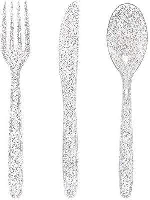 WDF 360 Silver Plastic Silverware- Disposable Silver Glitter Plastic Cutlery - Plastic Flatware i... | Amazon (US)