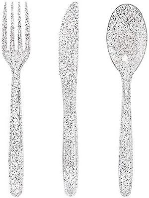 WDF 360 Silver Plastic Silverware- Disposable Silver Glitter Plastic Cutlery - Plastic Flatware i... | Amazon (US)