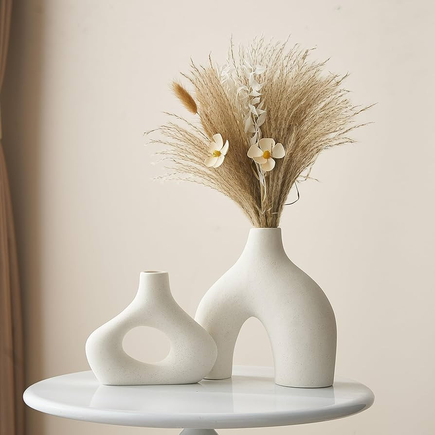 White Ceramic Vase Set of 2 for Modern Home Decor Round Matte Donut Vases for Pampas Grass, Boho ... | Amazon (US)