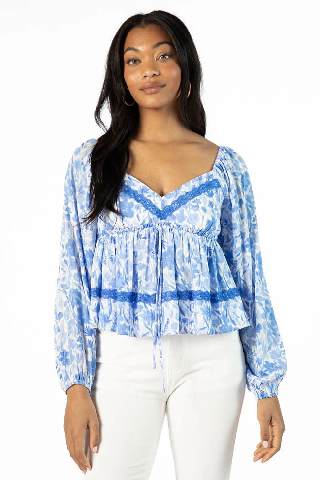 In My Dreams Blue Lace Trim Floral Blouse | Pink Lily