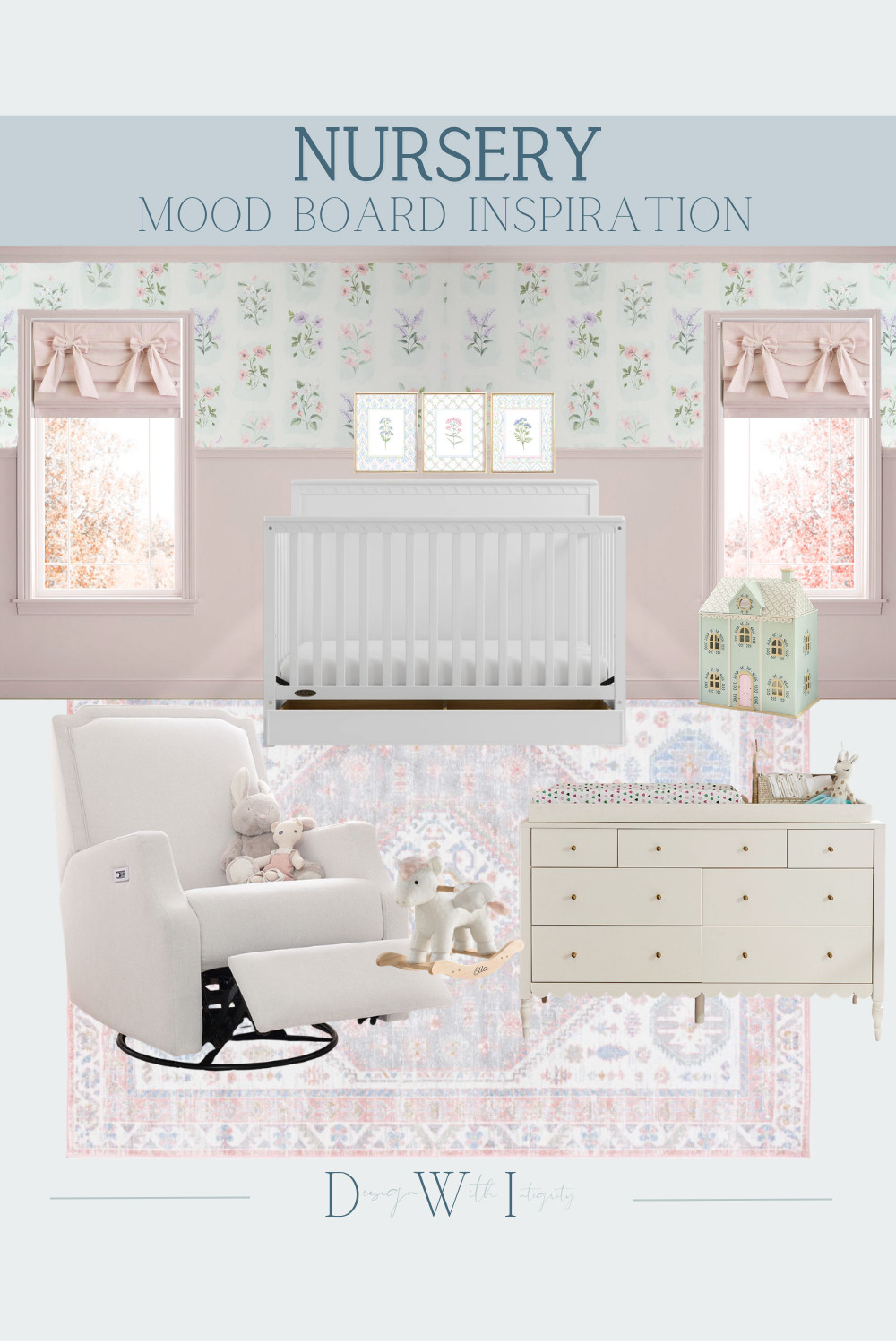 This nursery mood board brings together soft blush tones and delicate florals for a space that feels calm, feminine, and timeless. The white crib keeps the palette light and airy, while the warm neutral dresser and upholstered glider add comfort and functionality. Floral wallpaper, tailored window treatments, and a vintage inspired rug layer in softness and subtle pattern, creating a nursery that feels both elevated and inviting. Thoughtful details like playful decor and classic silhouettes complete the look. Tap through to shop the curated nursery furniture, lighting, and decor selections.

#nurseryinspiration
#nurserydesign
#blushnursery
#nurserydecor
#babyroomdesign

nursery mood board
blush nursery
floral nursery design
neutral nursery decor
white crib
nursery dresser
nursery glider
baby girl nursery 

 #LTKHome