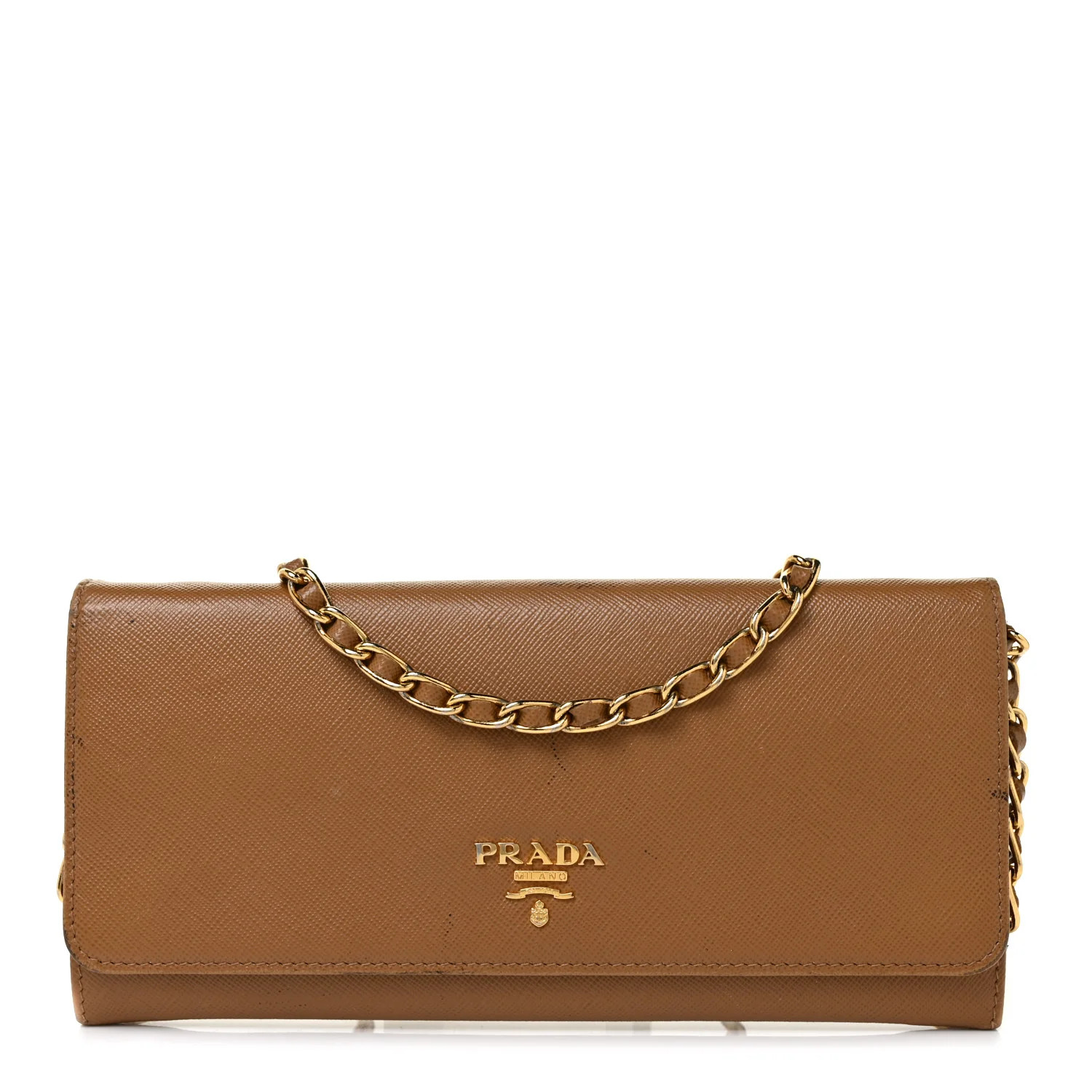 PRADA Saffiano Metal Oro Chain Wallet Caramel | FASHIONPHILE | Fashionphile