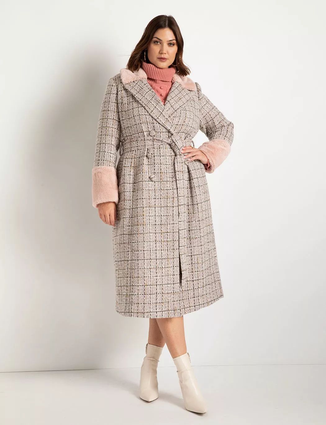 Belted Tweed Coat with Faux Fur Detail | Women's Plus Size Coats + Jackets | ELOQUII | Eloquii