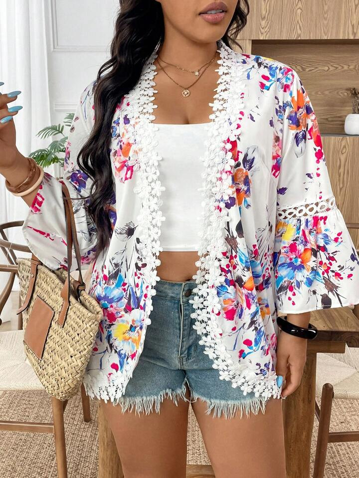 Breezaya Plus Size Women Floral Print Splice Flare Hem 3/4 Sleeve Lightweight Spring/Summer Vacation Jacket | SHEIN