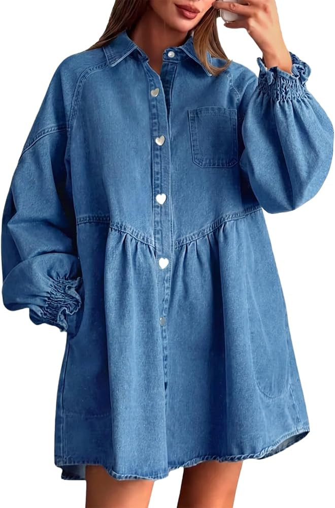 Flowyair Womens Babydoll Denim Dress Puff Sleeve Button Up Jean Mini Dress | Amazon (US)