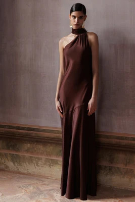 Cara | Brown Matte Satin High-Neck Maxi Dress | Club L London