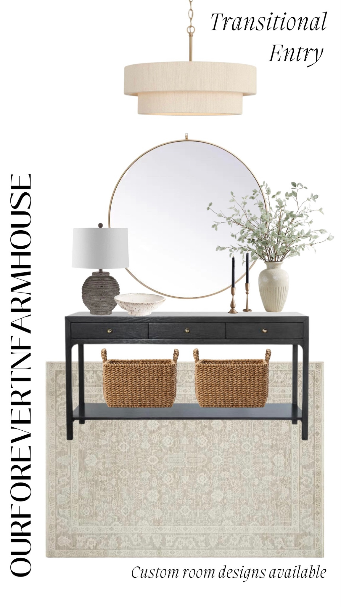 Transitional entry way. Black console table, brass mirror, baskets, rug 

#LTKhome