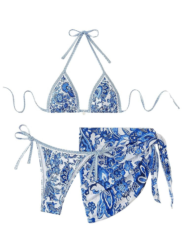 SHENHE Women's 3 Piece Bathing Suit Floral Halter Tie Back Thong Bikini Set with Sarong Cover Ups | Amazon (US)
