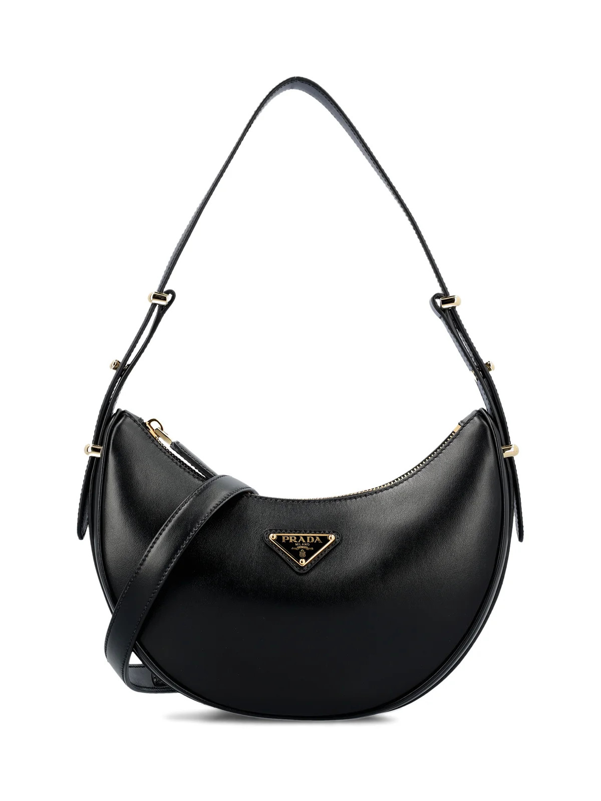 Prada Triangle Logo Plaque Moon Shaped Shoulder Bag | Cettire Global
