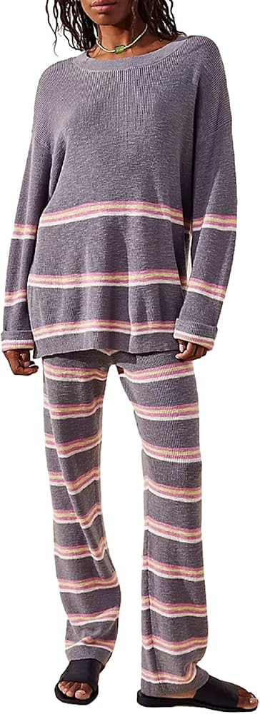 Aonoapll Women Knit 2 Piece Outfits Tracksuit Striped Long Sleeve Jumper Top and Wide Leg Pants S... | Amazon (US)