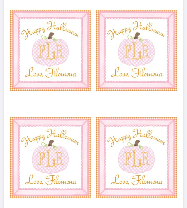 Pink Gingham Pumpkin Monogrammed Halloween Favor Tags | Etsy (US)