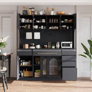 Black MDF Top Buffet with Hutch, Large Coffee Bar Storage Cabinet, Adjustable Shelves and Drawers | The Home Depot