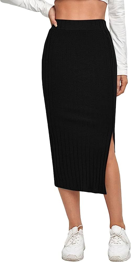 SheIn Women's Basic Plain Ribbed Knit Split Stretchy Pencil Bodycon Midi Skirt | Amazon (US)