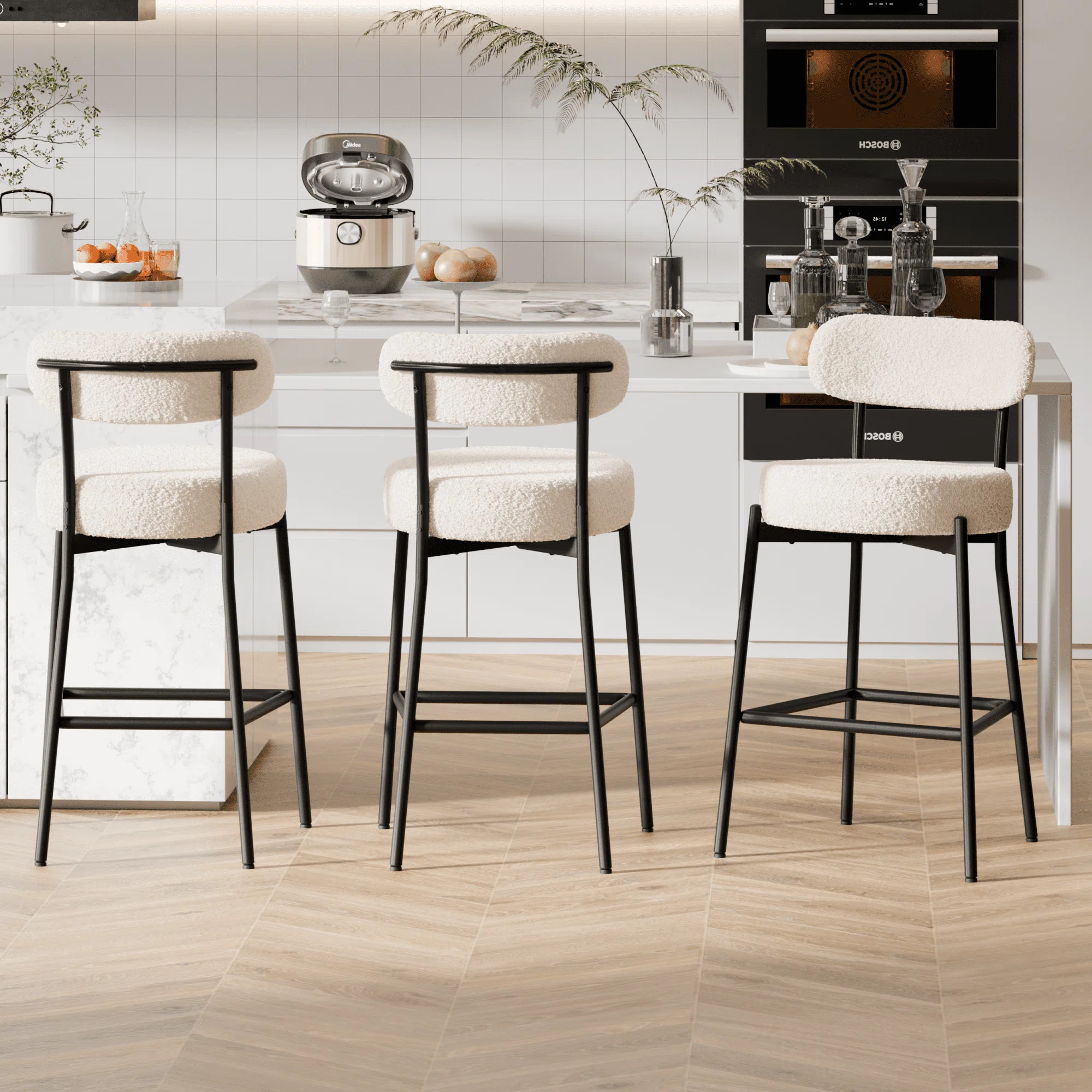 Sherpa Counter Height Bar Stools Set of 3 Modern Upholstered Barstools with Curved Open Back/Roun... | Wayfair North America