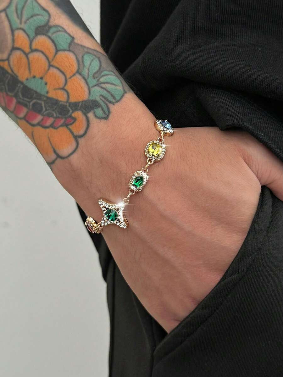 Vintage Elegant Minimalist Multi-Color Star Rhinestone Chain Bracelet, Men's Fashion Casual Charm... | SHEIN