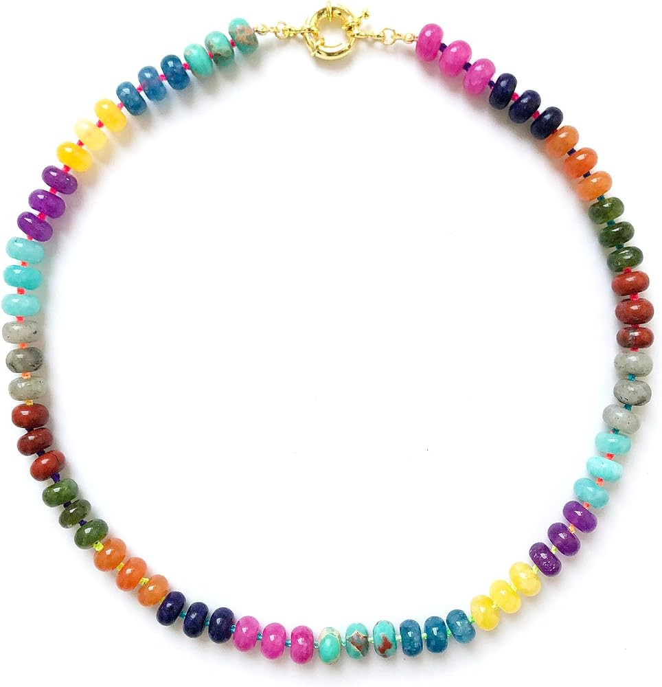 Beaded Gemstone Necklace for Women, Colorful Boho Bead Choker Natural Stone Surfer Beach Rainbow ... | Amazon (US)