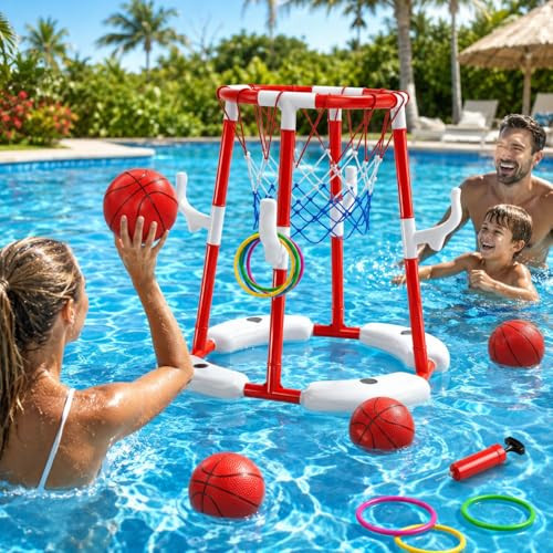 Pool Basketball Hoop Toys for Kids Ages 4-8 8-12 & Adult, Summer Outdoor Swimming Pool Games Water Play Toys Family Party for Kids, 2 in1 Pool Basketball Hoop & Ring Game with 4 Balls 12 Rings & Pump | Amazon (US)