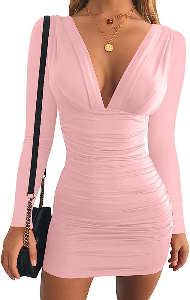 GOBLES Women's Sexy Long Sleeve V Neck Ruched Bodycon Mini Party Cocktail Dress | Amazon (US)