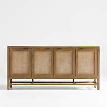 Blake 68" Light Brown Teak and Rattan Storage Media Console | Crate & Barrel | Crate & Barrel