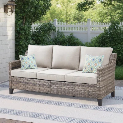 Wicker Outdoor Patio Sofa, 3-Seater Sofa With Cushions, All Weather PE Wicker Patio Couch For Backyard, Deck, Garden, Beige, Blue | Wayfair North America