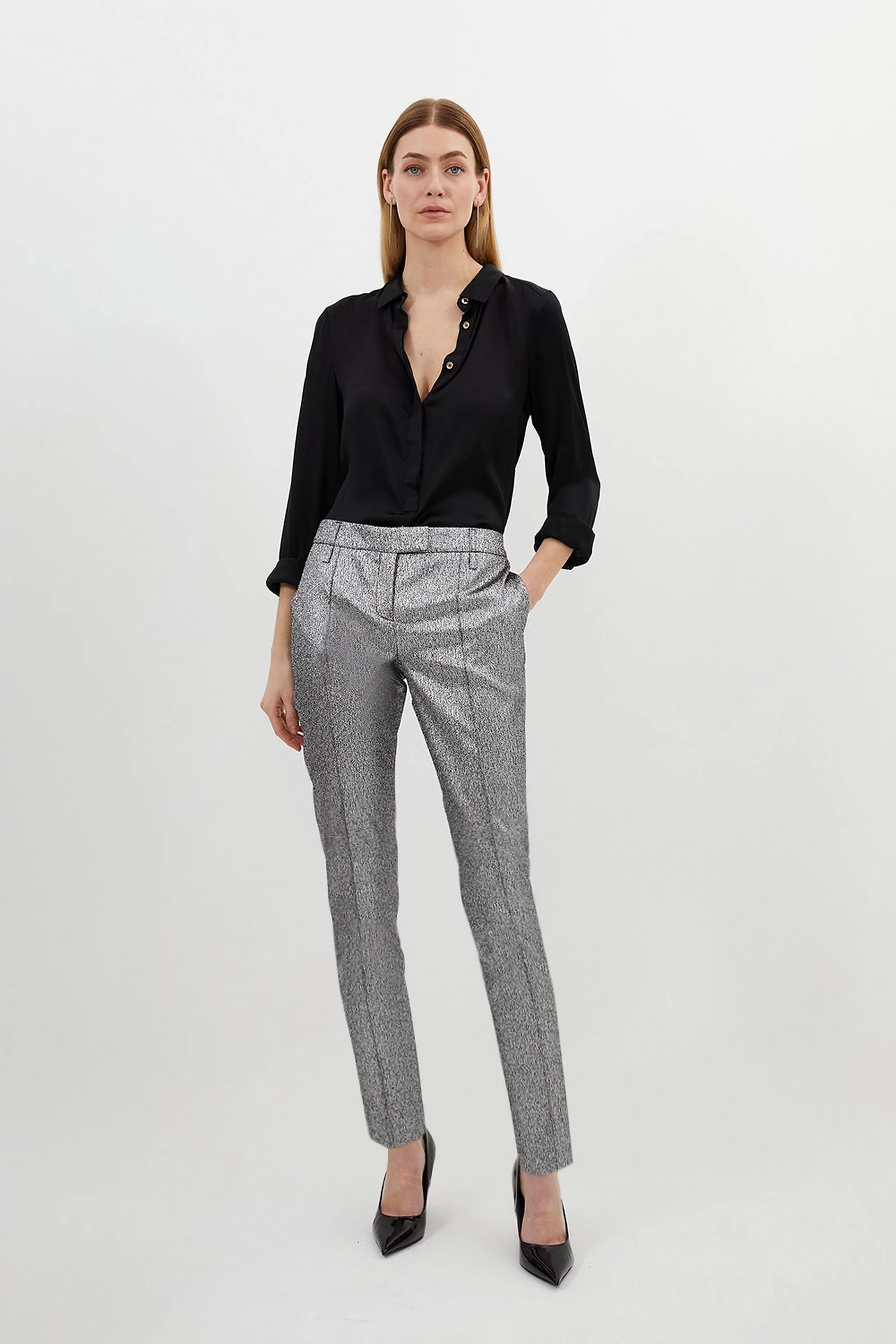 The Founder Metallic Jacquard Slim Leg Tailored Trousers | Karen Millen UK + IE + DE + NL