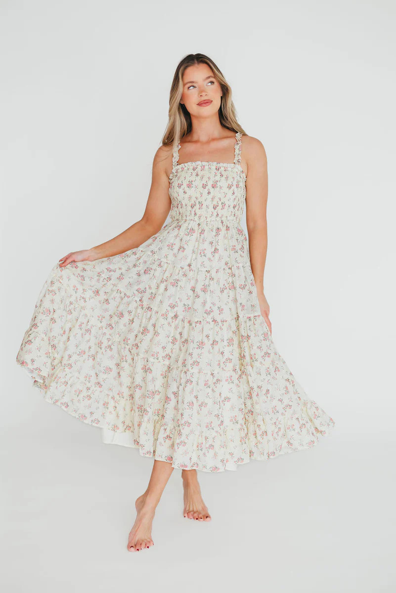 Ryan Ruffle Midi Dress with Embroidered Detail in Cream/Pink Floral | Worth Collective