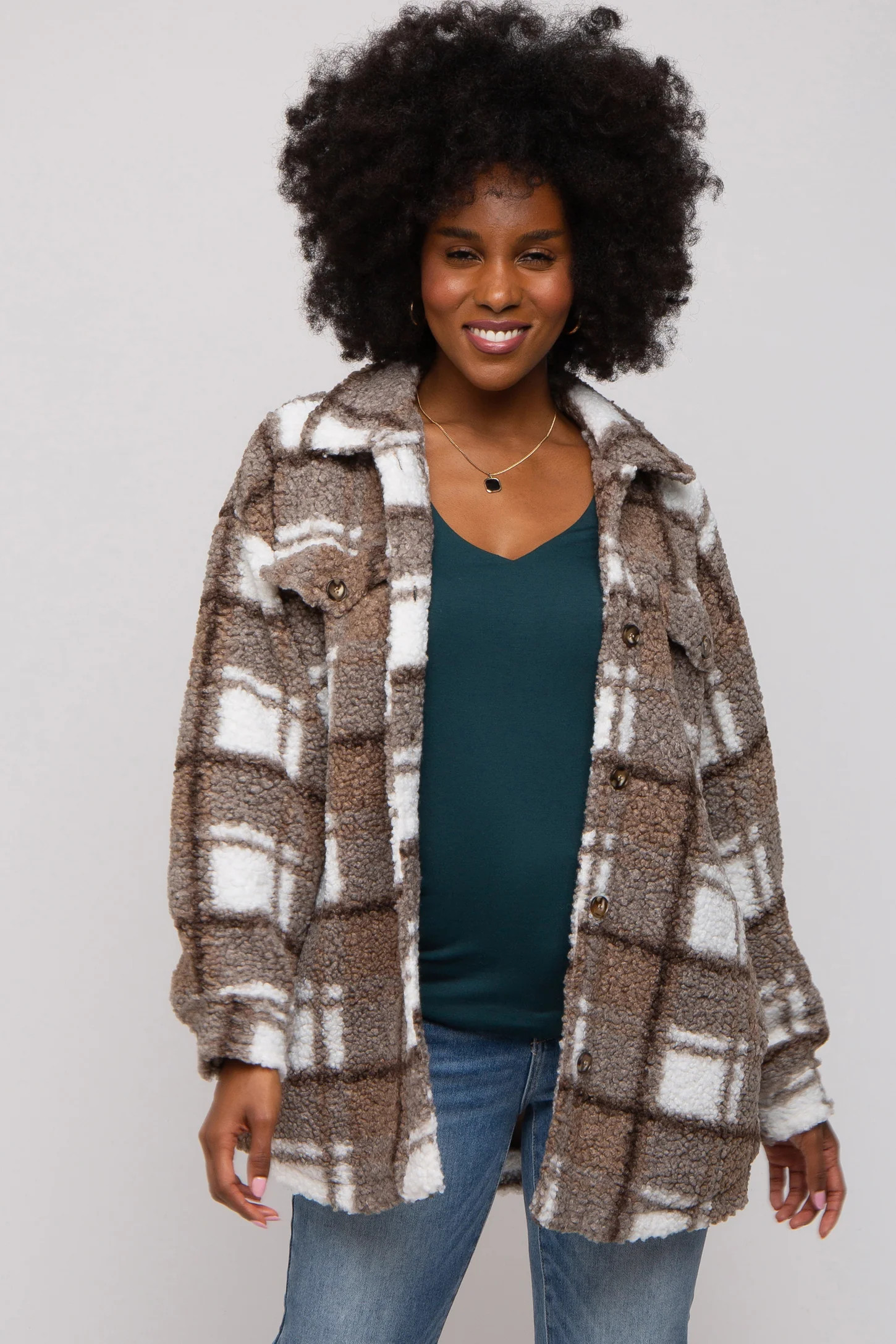 Brown Plaid Sherpa Jacket | PinkBlush Maternity