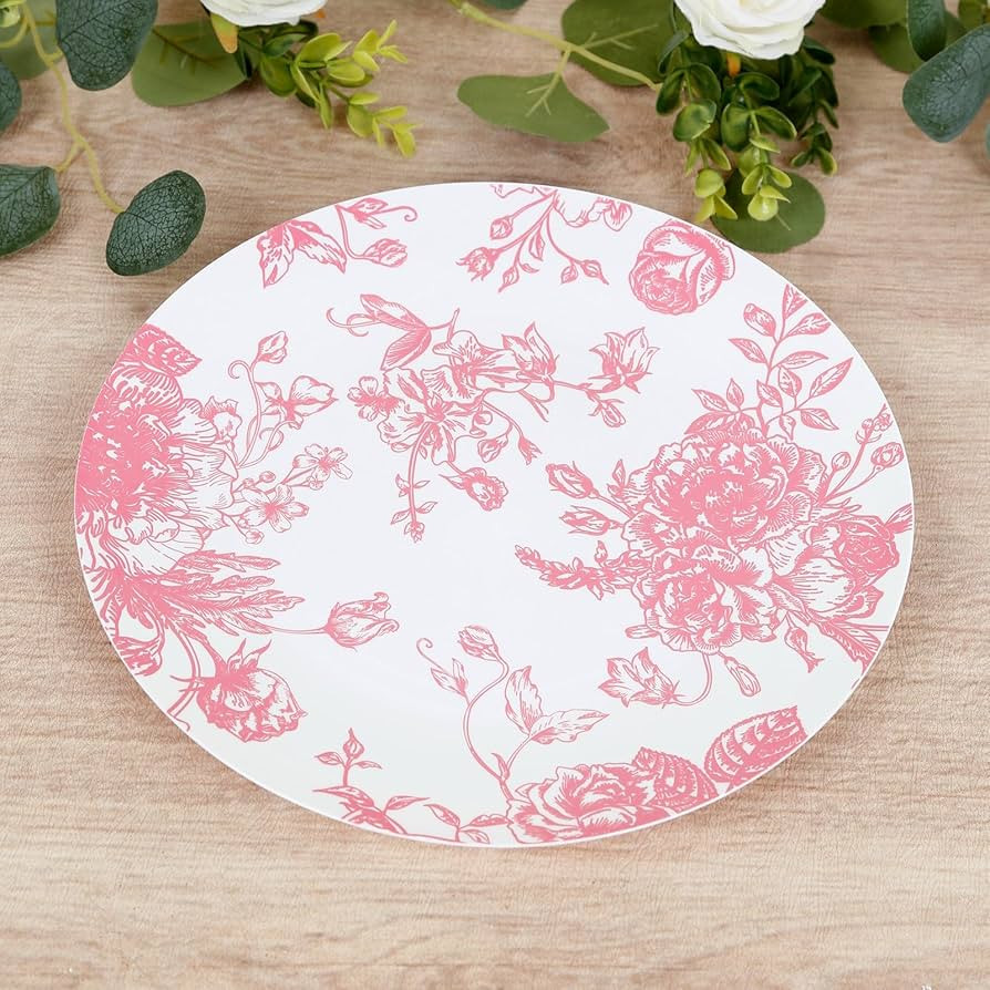 Efavormart 10-Pack French Toile Plastic Dinner Plates – Pink & White Floral, 10" Round Disposab... | Amazon (US)
