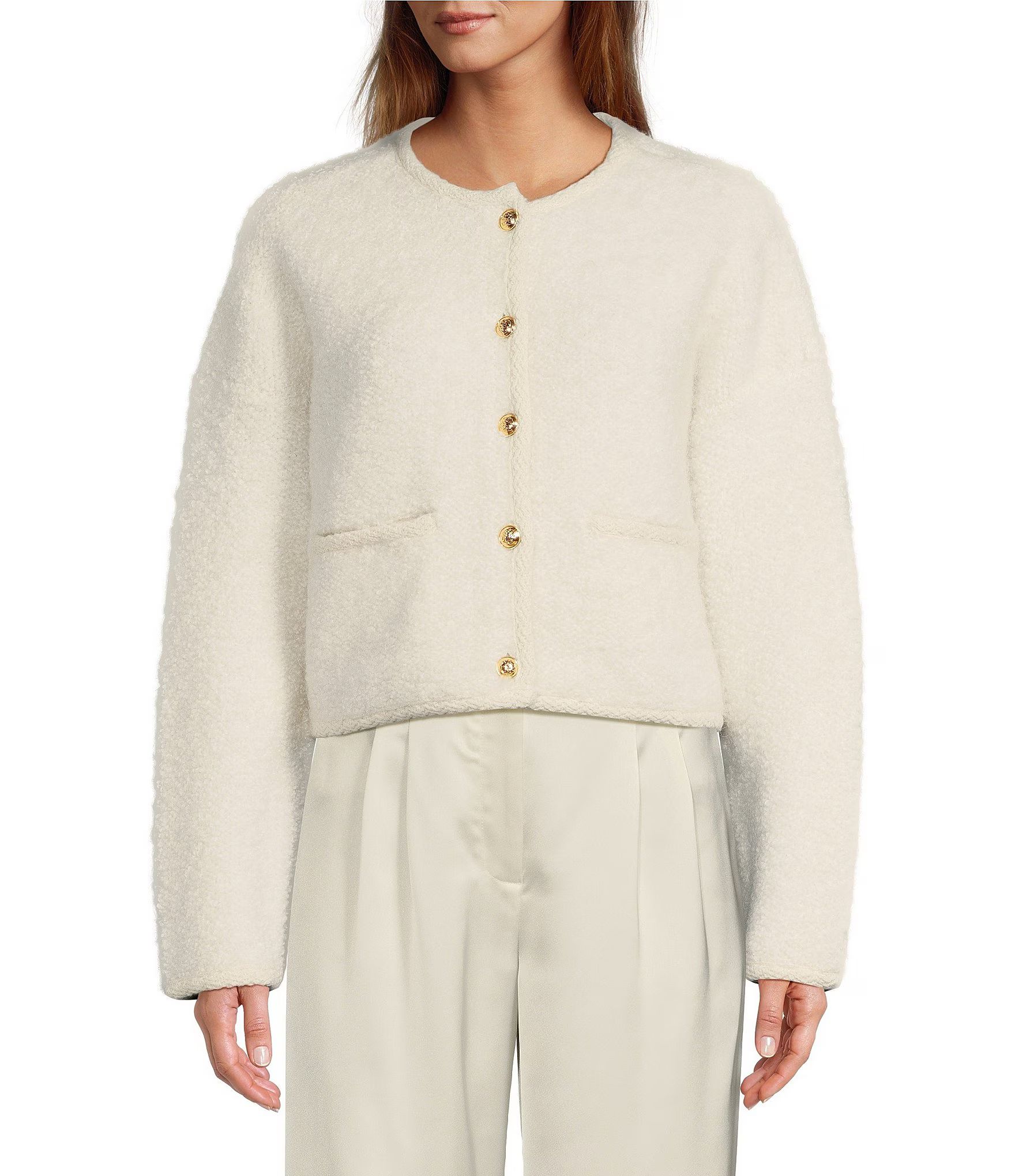 Emily Wool Blend Pocketed Crew Neck Button Front Cardigan | Dillard's