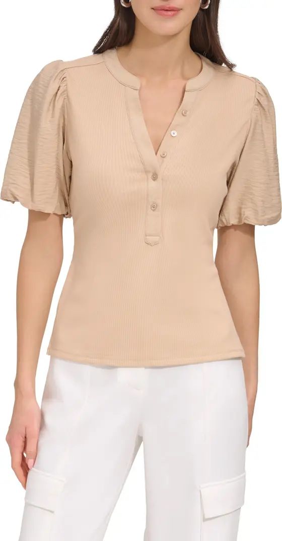 Puff Sleeve Mixed Media Henley Top | Nordstrom