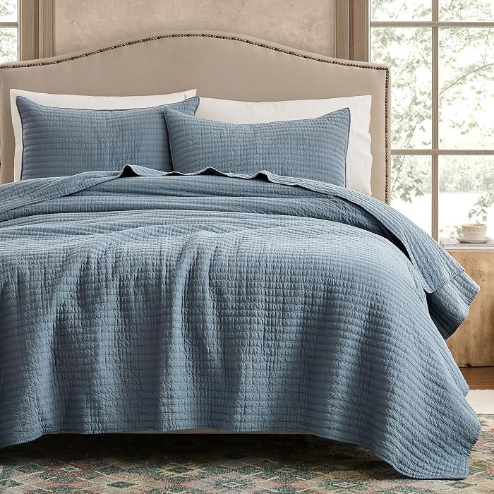 WDCOZY 100% Cotton King Size Quilt Set - Blue Striped Pick Stitch Soft Lightweight Bedspread, Tex... | Amazon (US)