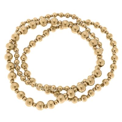 Ayleen Metal Ball Bead Stretch Bracelet Stack in Worn Gold - Set of 3 | CANVAS