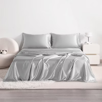 4 Pieces Satin Bed Sheet Set, Silky Cooling Soft Sheet Set, Full, Silver - NTBAY | Target