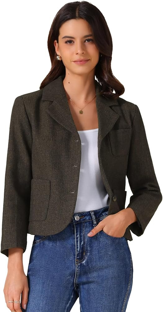Allegra K Women's Casual Cropped Blazer Bracelet Sleeve Patch Pockets Notched Lapel Jackets | Amazon (US)
