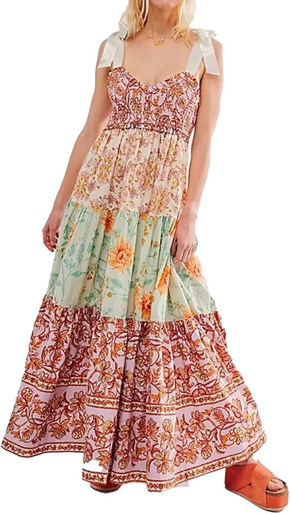 Women Floral Maxi Dress Sleeveless Tie Shoulder Bohemian Flowy Smocked Dresses Casual Summer Sund... | Amazon (US)