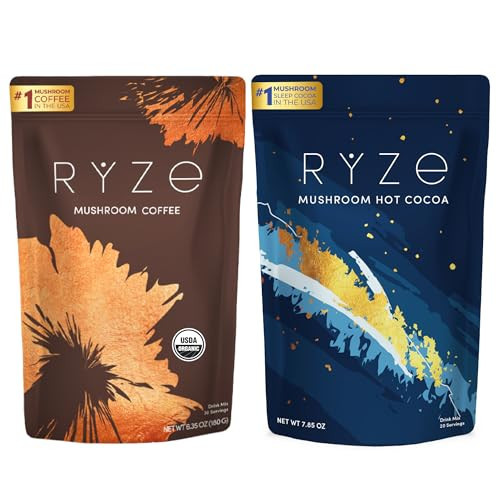 RYZE SUPERFOODS Day + Night Bundle with Mushroom Coffee and RYZE Hot Cocoa, USDA Organic Mushroom Coffee with 6 Adaptogenic Mushrooms & MCT Oil, Hot Cocoa Keto Sleep Aid with Melatonin, 30+20 Serving | Amazon (US)