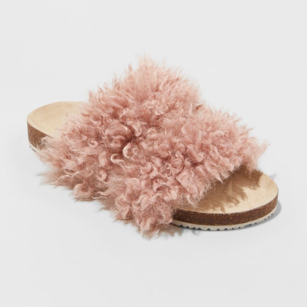 Women's Ember Two Band Faux Fur Slide Sandals - Universal Thread Pink 6.5 | Target