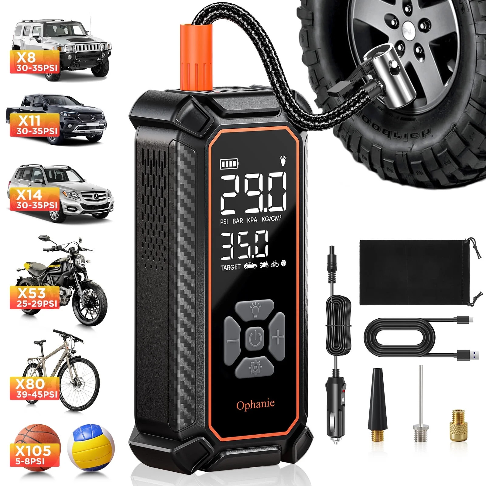Ophanie Cordless Tire Inflator Portable Air Compressor, 160PSI, 6000mAh Long Range Battery, Air P... | Walmart (US)