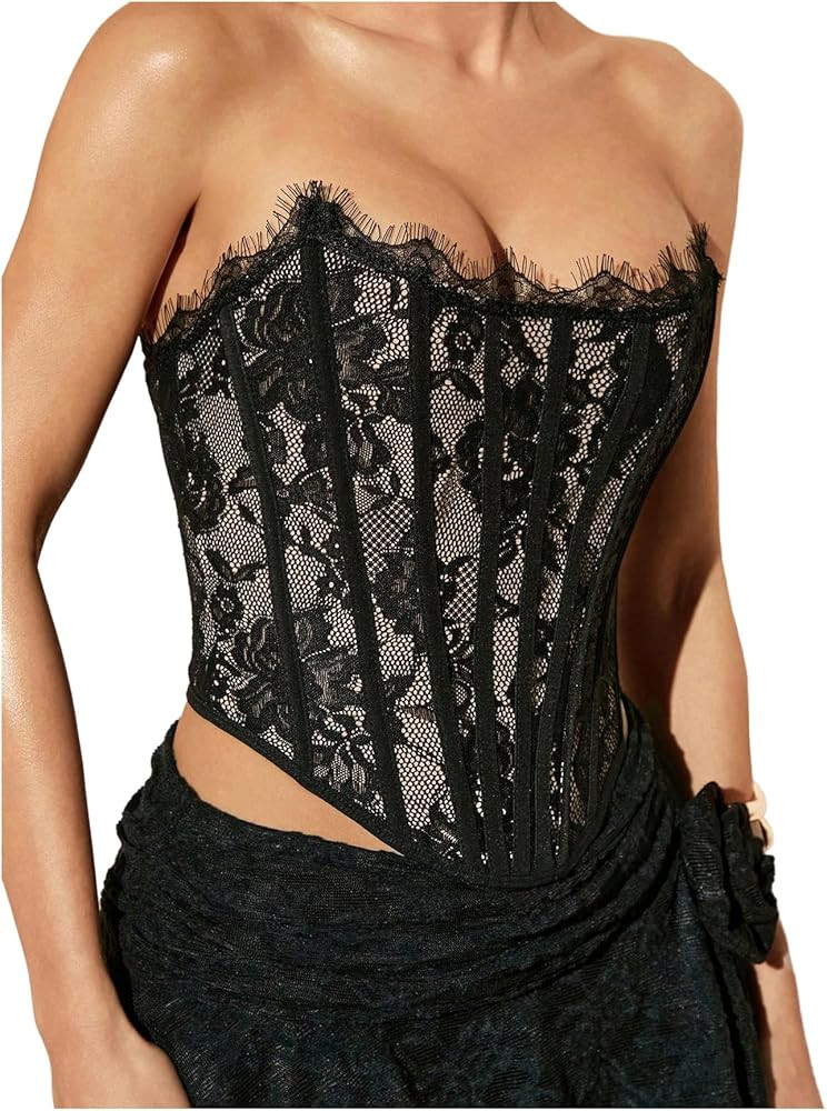 BEAUDRM Women's Y2K Lace Corset Tops Bustier Tops Strapless Club Outfits | Amazon (US)