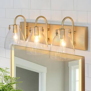 LNC 22 in. 3-Light Gold Bath Vanity Light with Bell Clear Glass Shades Modern Powder Room Wall Li... | The Home Depot