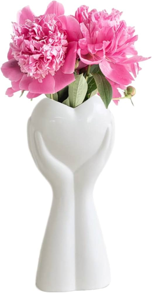 FAMUKEN White Flower Vase Cute Hand Holding Heart Shaped Vase, Unique Modern Art Ceramic Vases fo... | Amazon (US)