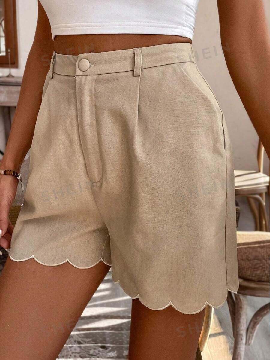 SHEIN Frenchy Vacation Summer Solid Color Scalloped Shorts | SHEIN